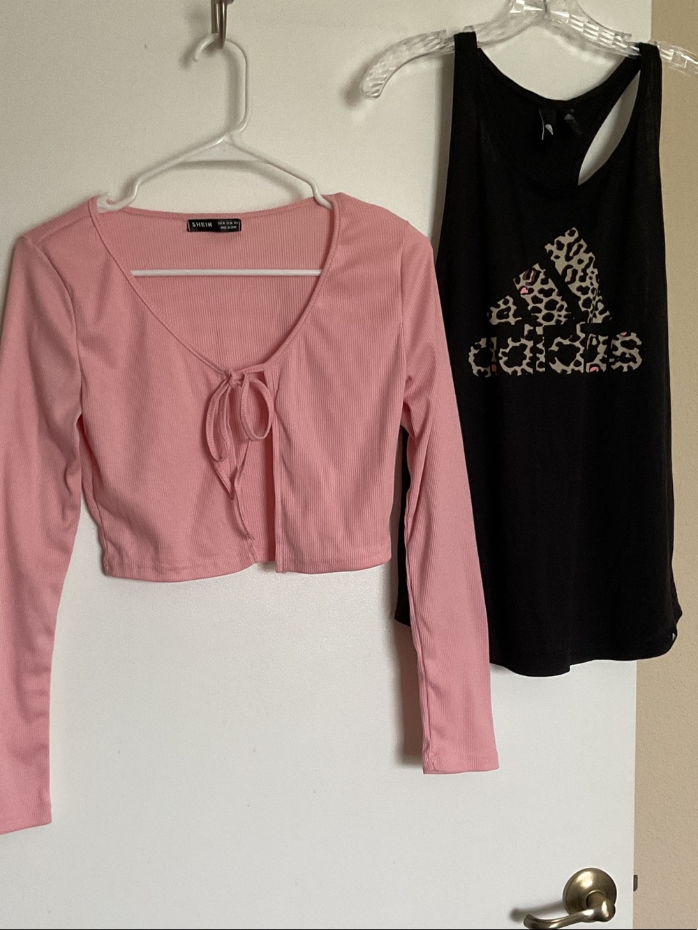 Adidas Leopard Logo Racer Back & SHEIN Pink Crop TOPS (2 Items)